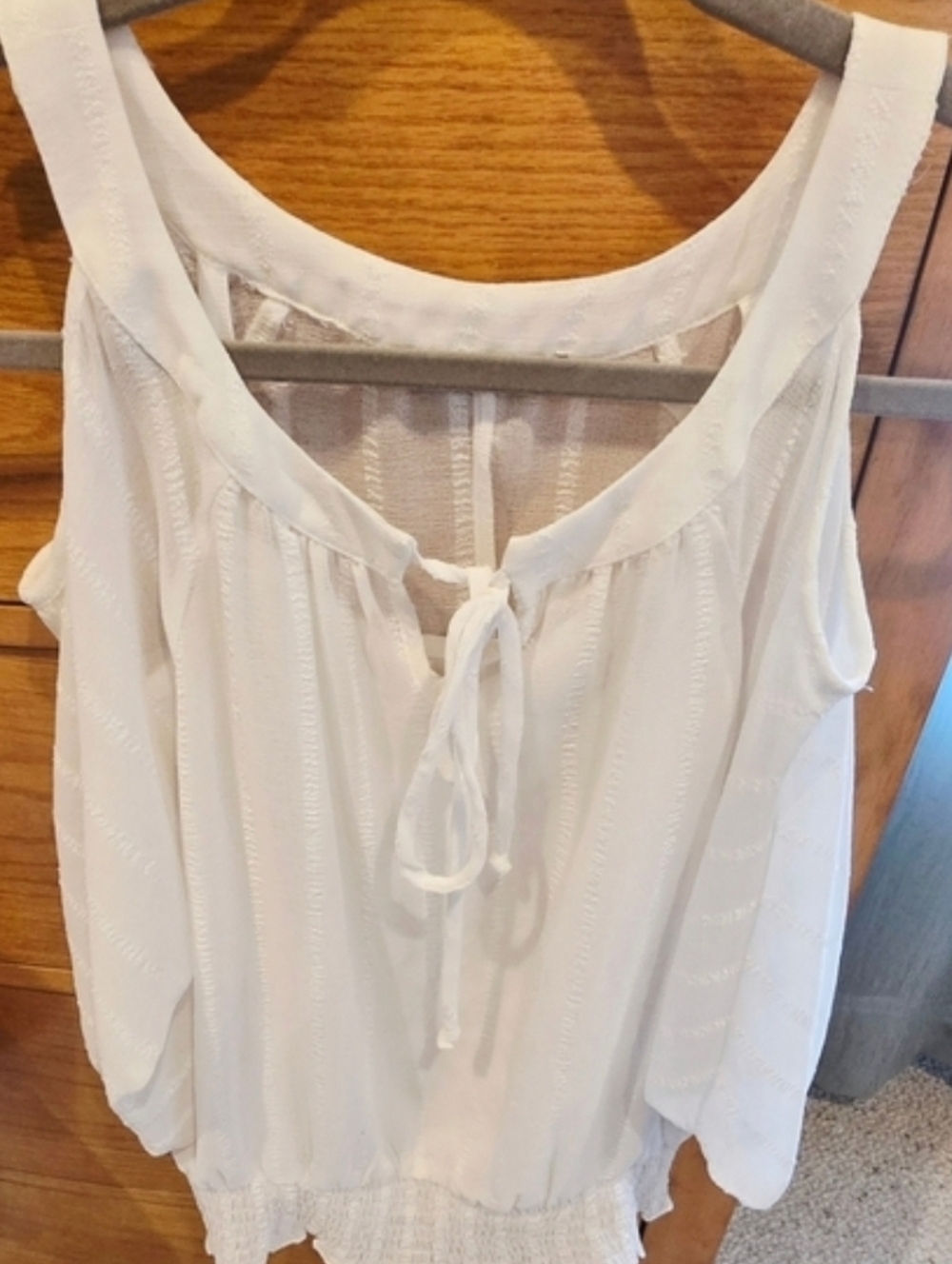 Women’s sheer striped open shoulder blouse,stitched in camisole,gathered waist S